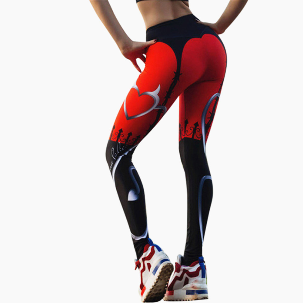 섹시한 하트 프린트 레깅스 여성용, 레드 블랙 패치 워크 스포츠 바지 패션 프린트 피트니스 레깅스